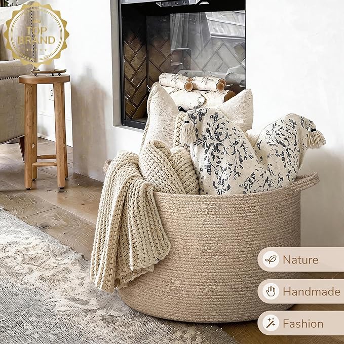INDRESSME XXXLarge Blanket Basket for Living Room 21.7" x 21.7" x 13.8"-Storage Basket with Handle for Organizing Toy Pillows Woven Wicker Laundry Basket Stuffed Animal Toy Storage for Play Room