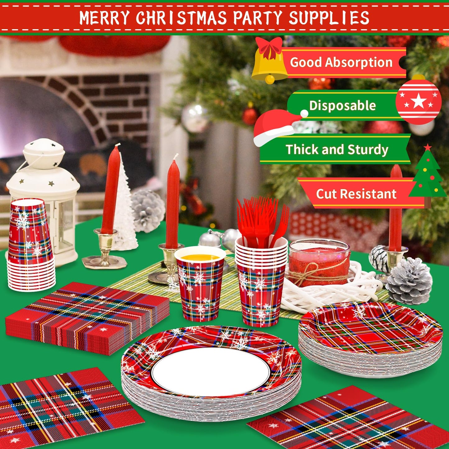 DYLIVeS Tartan Plaid with Snowflake Party Supplies, Tartan Plaid Decorations Disposable Dinnerware Set, Red and Green Plaid 9.2" Dinner Plates, 7" Dessert Plates, Napkins Cups Forks, Serves 24