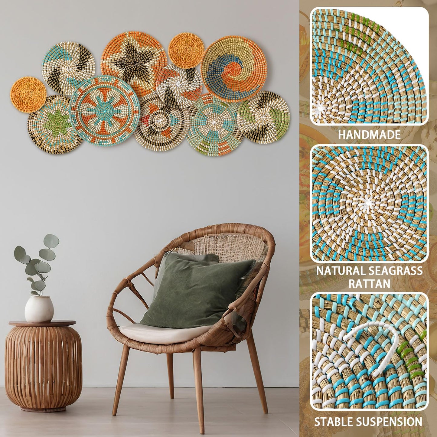 Tatuo 11 Pcs Boho Wall Basket Decor Bulrush Woven Wall Hanging Art Round Farmhouse Rustic Handmade Wicker for Summer Home, Bedroom, Living Room, Kitchen Decorations, Multi Sizes(Farmhouse)