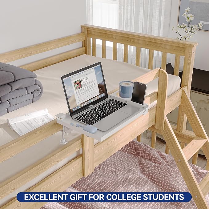Metal Bedside Shelf Table Tray with Cup Holder, Foldable Bed Side Table for Bunk Bed & Top Bunk, College Dorm Room Essentials for Guys & Girls, Clip-on Laptop Nightstand for IKEA Beds, White
