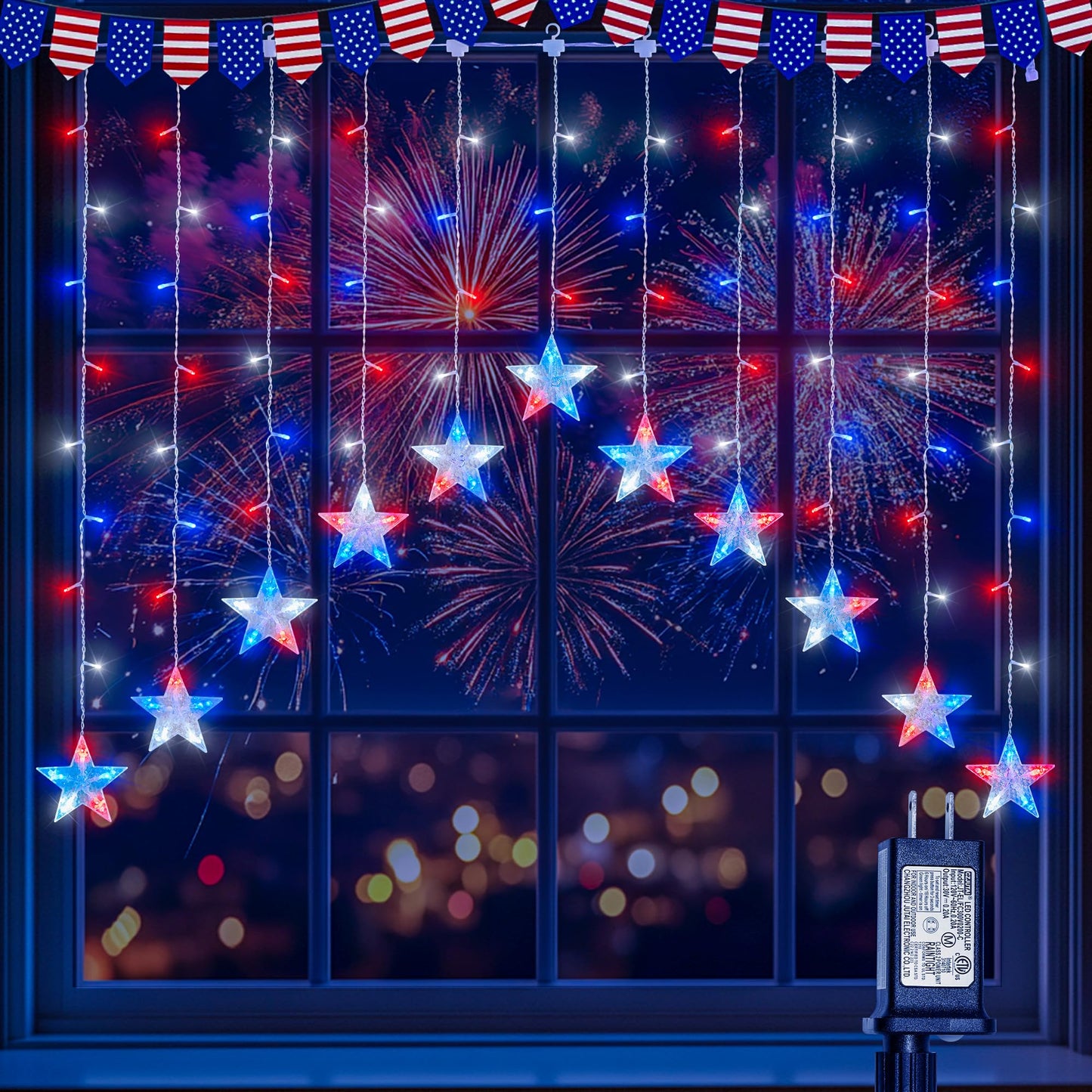 woohaha 4th of July Patriotic Star Icicle Lights,118LED Red White and Blue Curtain Window Lights,Connectable Star String Light Plug in for Independence Day,Garden,Fourth of July Decorations