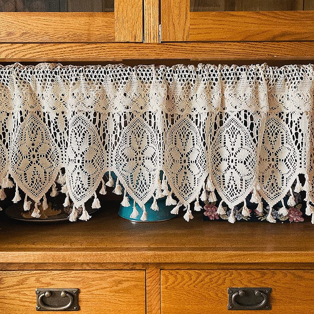 Yunsurey Retro Crochet Curtain Valance for Kitchen Window Boho Curtain Tiers for Coffee Decor Rod Pocket Farmhouse Short Curtains for Room Divider 1 Panel Knitting Doorway Curtain W35 X L15 Inch