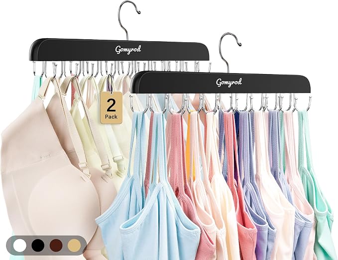 Gomyrod Bra Hanger for Closet, 2 Pack Tank Top Hangers w/20 Hooks Holds 40 Bras, Capacity Foldable Wood Space Saving Hanger, 360°Rotating Closet Organizers and Storage for Dorm & Apartment（Black）