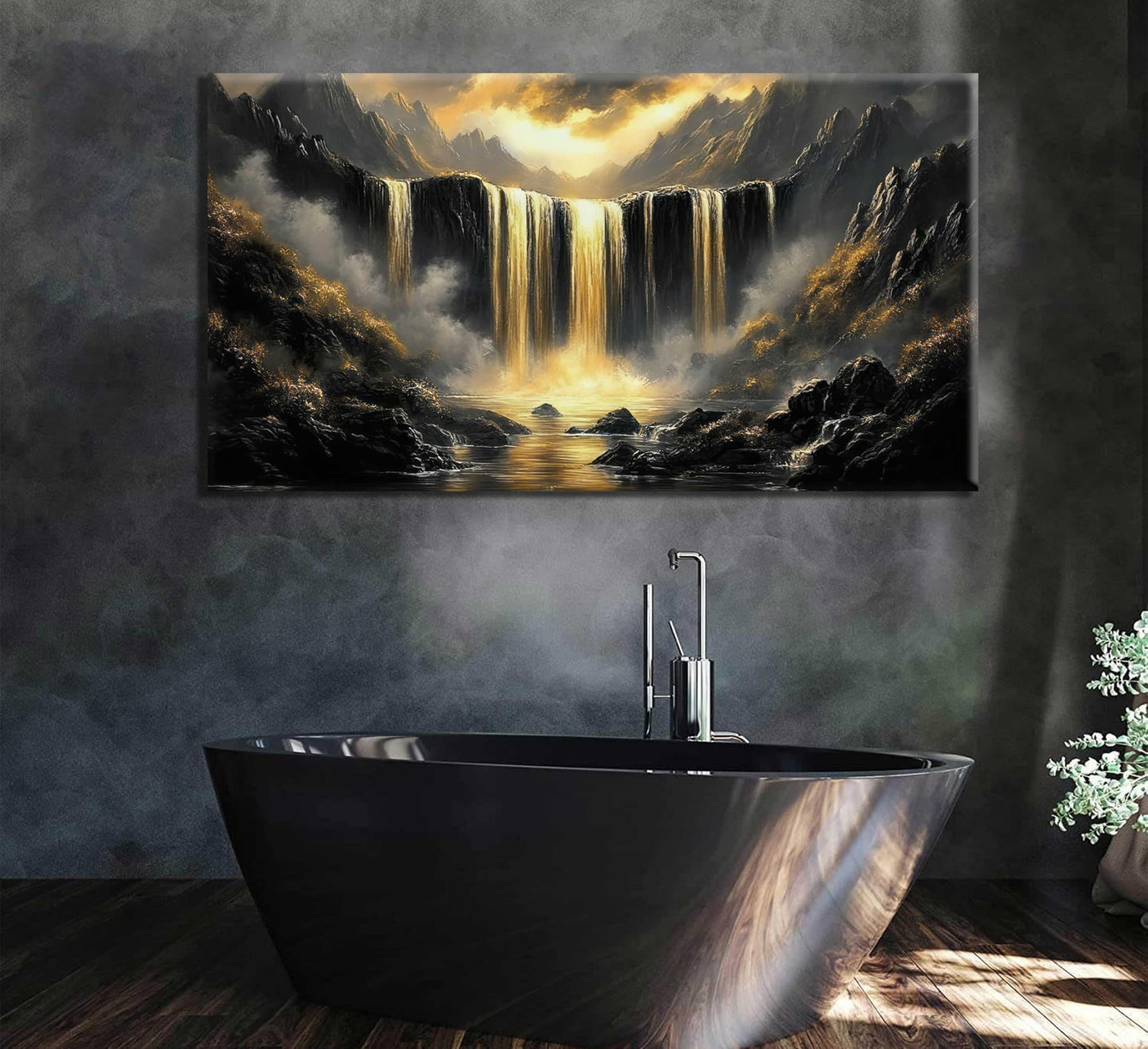 Black Gold Waterfall Canvas Wall Art Abstract Waterfall Wall Decor Mountain Art Posters Pictures for Office for Living Room bedroom Painting Prints Framed