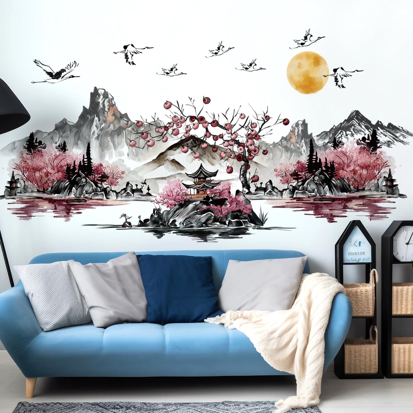 DRWSSR 3 Sheets Removable Chinese Style Splash Ink Landscape Painting Wall Decal DIY Red Sun Flying Bird Pavilion Red Forest Art Mural for Living Room Bedroom TV Background Wall Home Decor