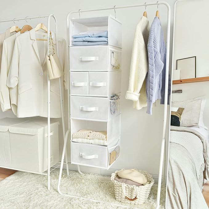 GRANNY SAYS Hanging Closet Organizer and Storage, 6 Shelf Clothes Organization with Drawers, 6 Side Pockets Closet Hanging Shelves for Bras, Socks, Underwear, Nursery Room, Wardrobe, White, 1-Pack