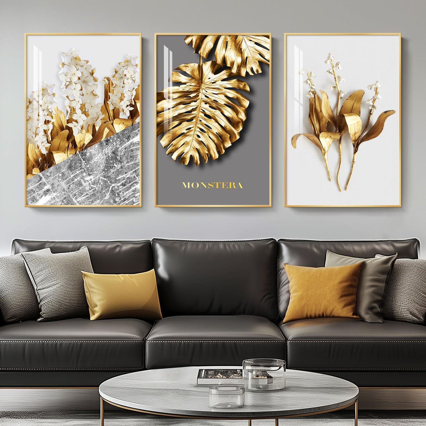 Framed Modern Luxury Large Gold Wall Art for Living Room, Set of 3 Piece Contemporary Paintings Artwork for Walls, Golden Leaf Prints with Gold Frame, Pictures for Office Wall Decor - Total 30" x 60"