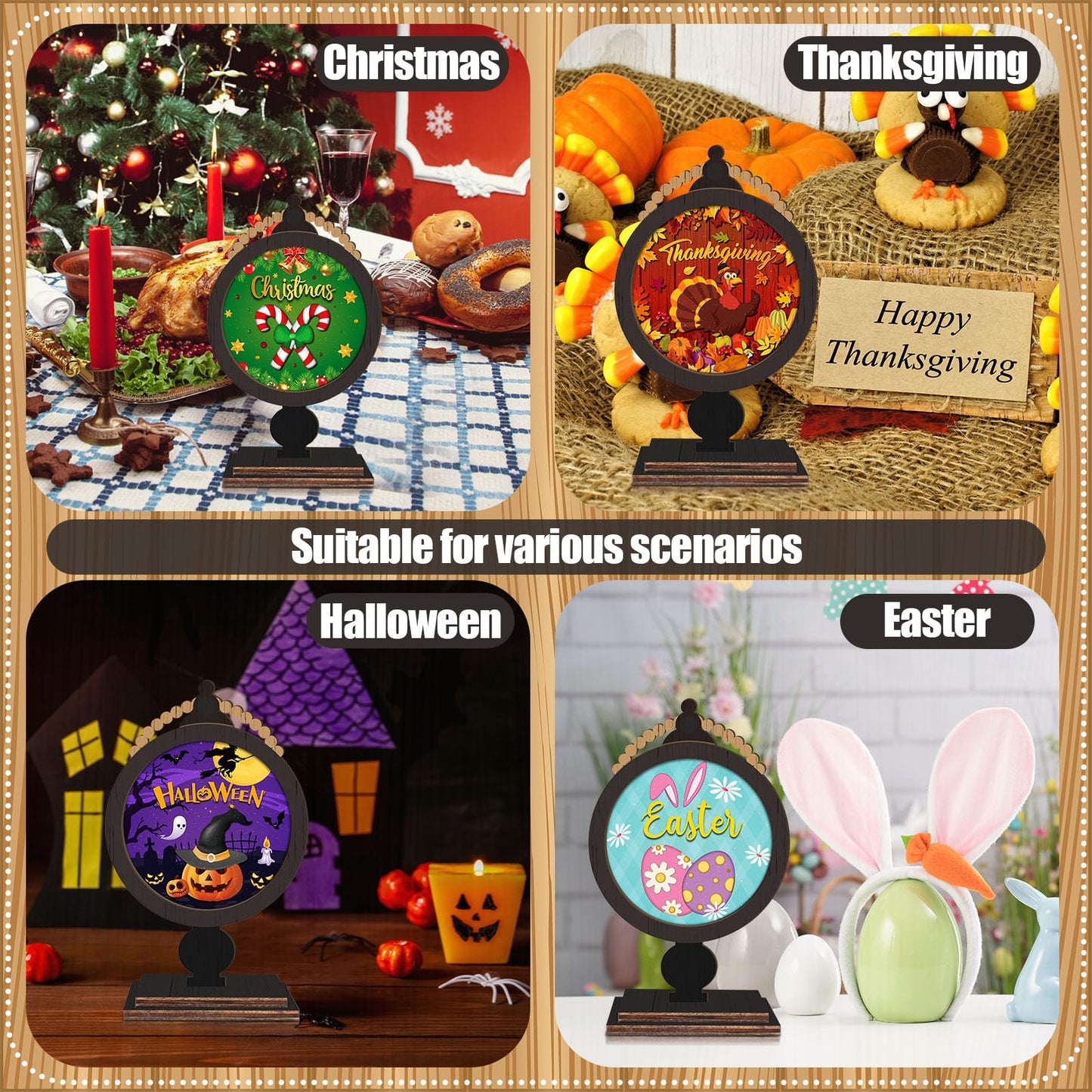 RattanView 21 Pcs Wooden Seasonal Decor Interchangeable Holiday Signs for Tiered Tray Farmhouse Table Centerpiece Mantel Desk All Year Decor for Winter Fall Valentine Home Decoration Gifts