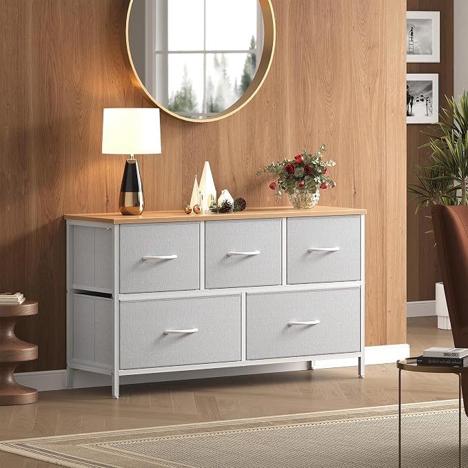 OLIXIS Dresser for Bedroom with 5 Drawers, Wide Chest of Drawers, Fabric Bedroom Dresser with Drawer Organizer, Storage Organizer Unit with Fabric Bins for Closet, Living Room, Hallway, Light Grey