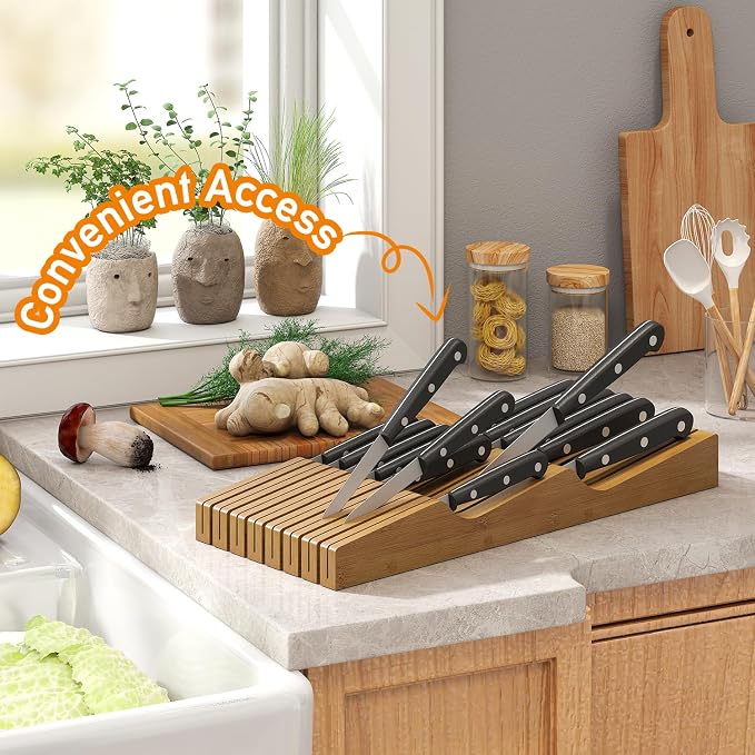 In-Drawer Knife Block Organizer - Bamboo Wood Drawer Knife Organizer-Protecting Knife Organizer Block (Not Included) (Brown, 15 Knives Dock)