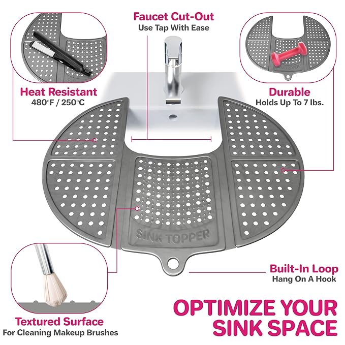 Sink Topper Bathroom Counter Cover & Storage Saver, Foldable Silicone Mat for Hot Tools, Hair Styling & Makeup, Beauty Brush Cleaning Mat, RV Camper Sink Cover & for Small Spaces (Standard Silver)