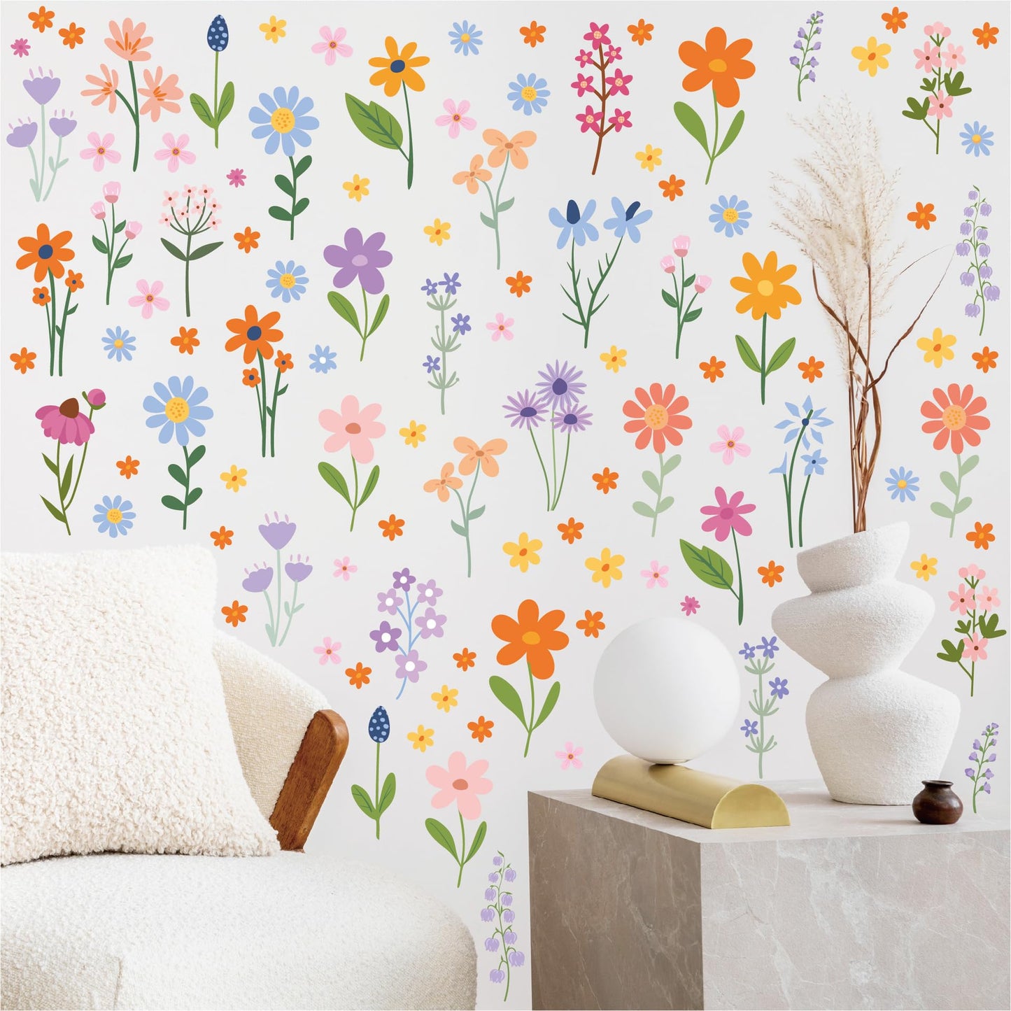 Flower Wall Decals - 8 Sheets 102 Pcs Spring Themed Wildflower Wall Stickers Peel and Stick Fairy Floral Wall Decor for Girls Bedroom Living Room Nursery Home