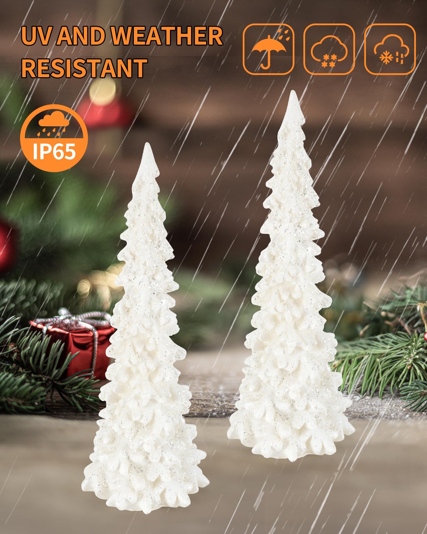 iStatue Tabletop Christmas Tree Decoration 8.3'' Tall - Set of 2 Mini White Resin LED Trees with Intricate Details Figurines - Indoor Holiday Decor and Xmas Gift (Trees)