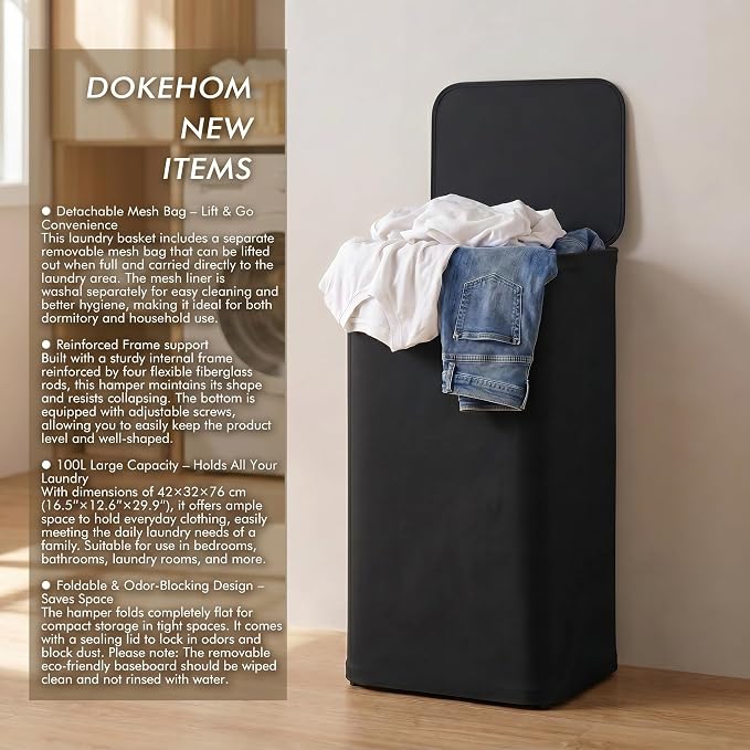 DOKEHOM 100L Laundry Hamper with Lid, Large Collapsible Laundry Basket with Removable Mesh Liner Bag, Collapsible Clothes Sorter for Bedroom, Bathroom, College Dorm, Black