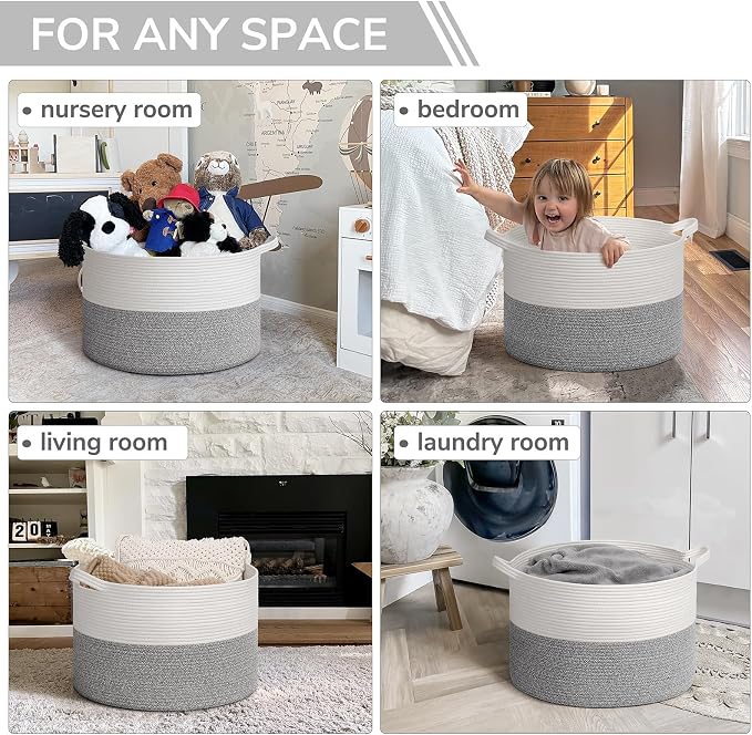 INDRESSME Large Blanket Basket, Laundry Toy Storage Baskets, Decorative Woven Basket for Living Room & Nursery, Baskets for Gifts Empty, Laundry, Dog Toys, Towels, Light Grey, 19.7" D x 12.6" H