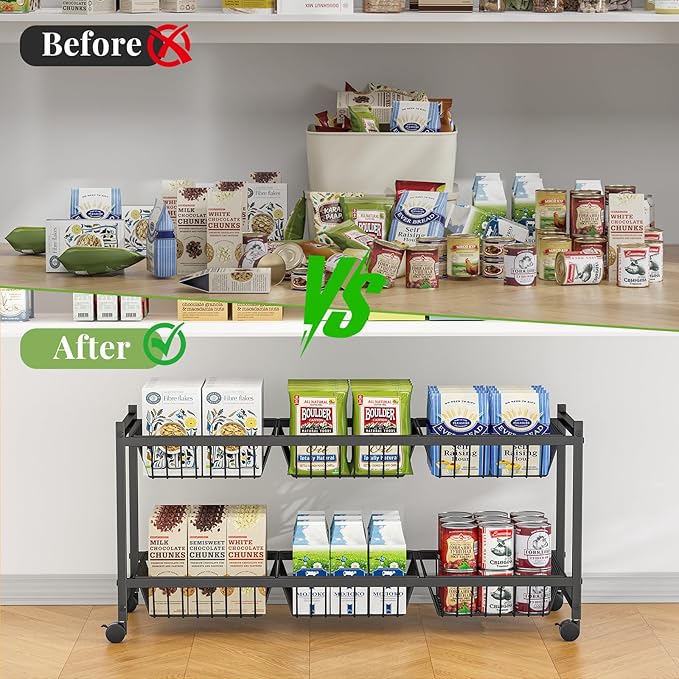 2-Tier Rolling Pantry Cart on Wheels with 6 Removable Baskets, Sturdy Pantry Floor Organizer and Storage, Kitchen Storage Cart for Fruit Vegetables, Snack Organizer for Pantry Kitchen Living Room