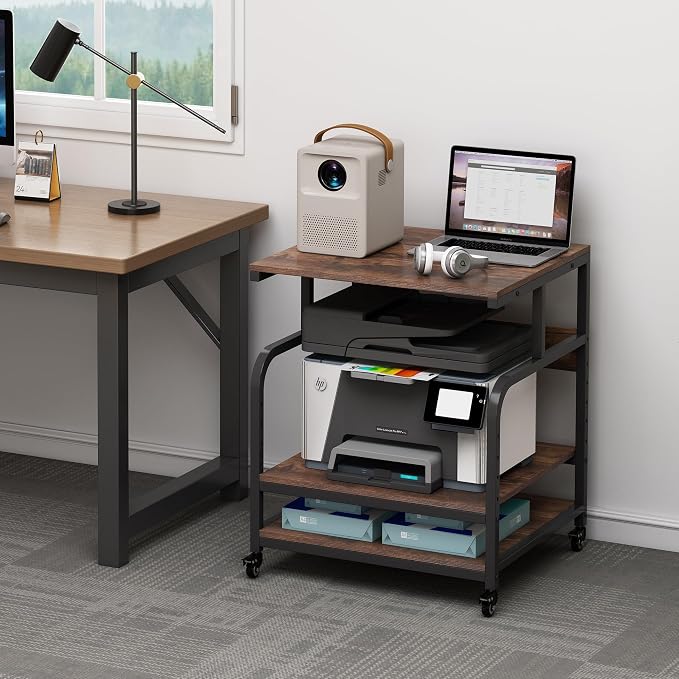 Fannova 23.6" Deep Extra Large Printer Stand, 3 Tier Printer Table with Adjustable Storage Shelf, Rolling Printer Cart with Industrial Wheels for Home Office, Rustic Brown