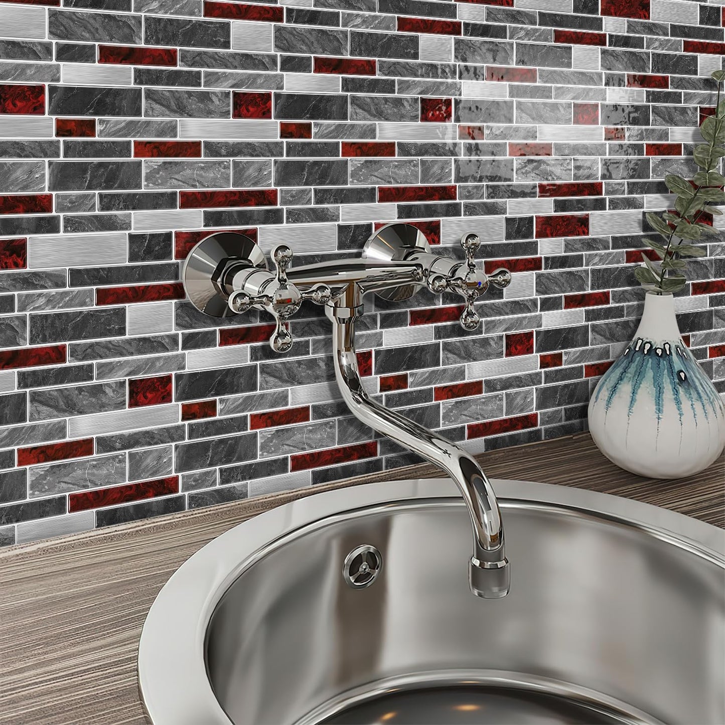 Alwayspon 10 Sheets 12" x12inch Black and Red Marble Effect Vinyl Tiles, Backsplash, Self-Adhesive Peel and Stick Wall Tile Stickers, Stick on Subway Tiles for Kitchen Bathroom Wall Decor