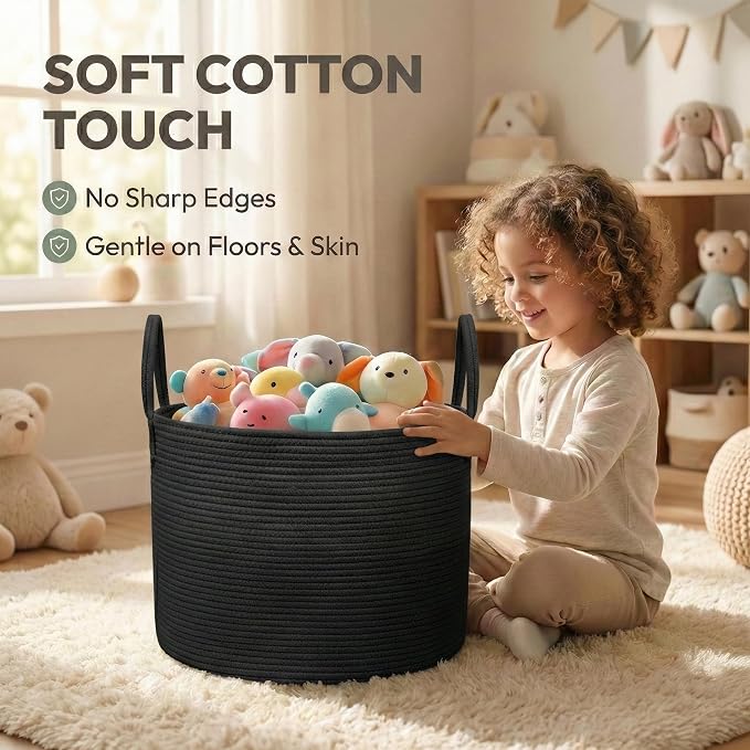 JMvicyroam 115L Extra Large Blanket Basket for Living Room - Woven Cotton Rope Laundry Hamper with Reinforced Handles - Storage Bin for Pillows, Comforters & Toys - Machine Washable,Black