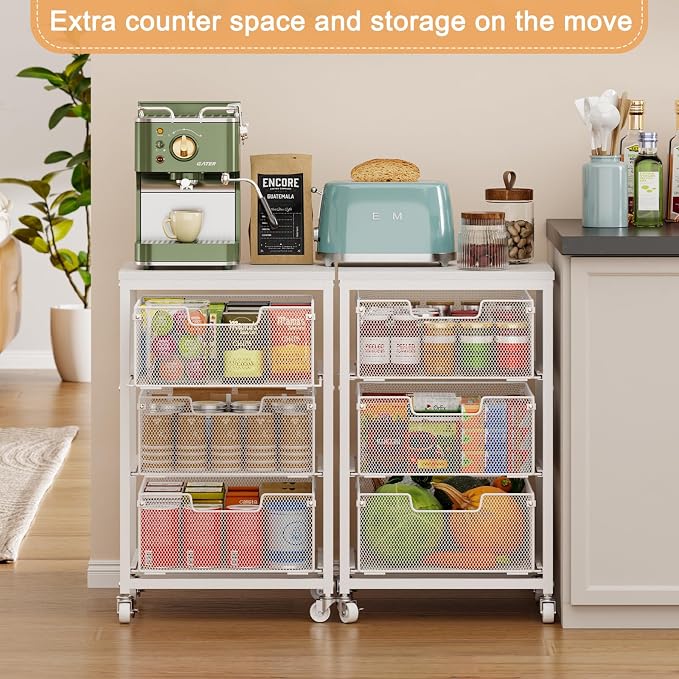 Kitchen Cart with Storage, 3-Tier Pantry Organizer and Storage Cart with Drawer, Fruit Vegetable Storage Cart with Wheels, Wooden Top Metal Wire Kitchen Organizer Rack Stand for Snack Onion Potato
