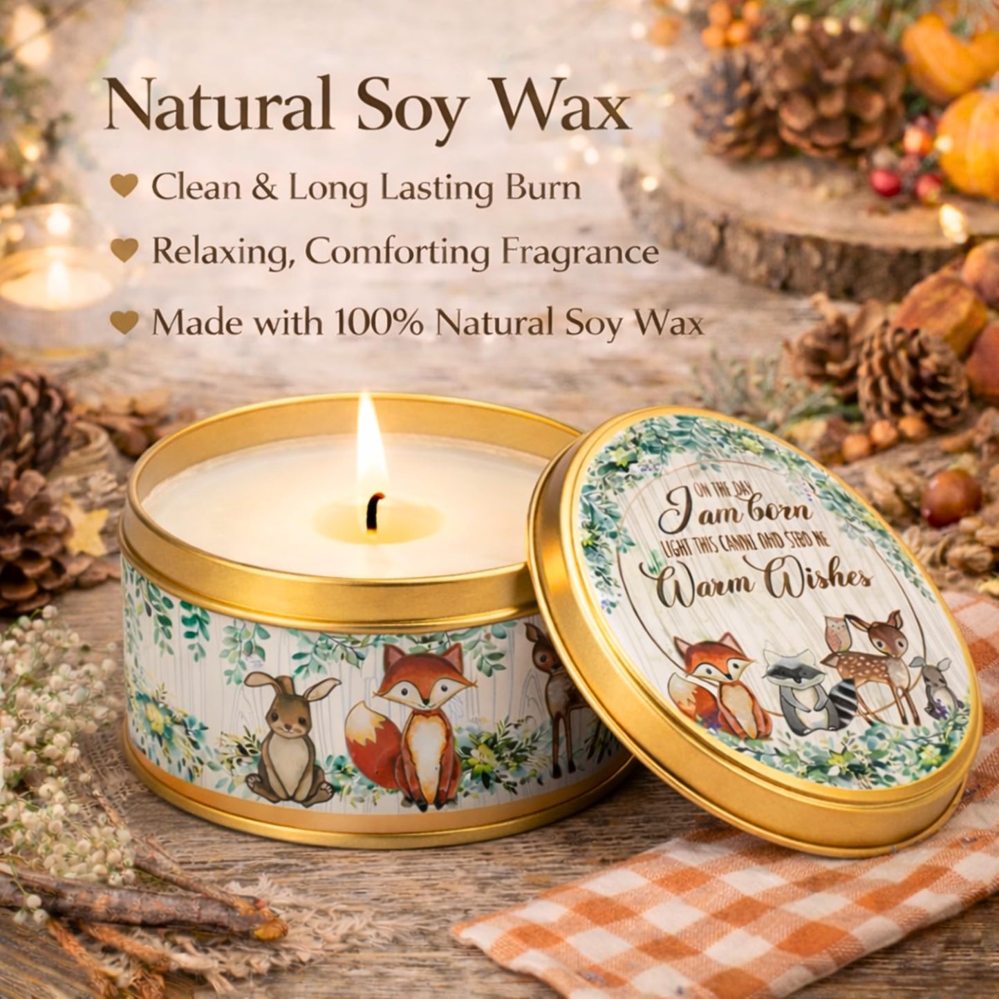 Majestic Zen Woodland Scented Candle 9-Pack Soy Wax Baby Shower Candle Favors - Natural Scented Candle Gift Set & Gender Reveal Candle & Party Keepsakes - Woodland Theme Round Candles for Table Decor