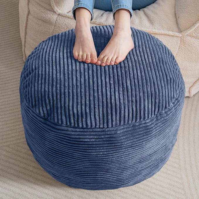 HIGOGOGO Round Stuffed Pouf Ottoman, Corduroy Poufs with Foam Chunk Filling, Furry and Fluffy Pouf Foot Stool Storage Ottoman, 20 X 15 Floor Poufs Foot Rest for Living Room, Bluestone