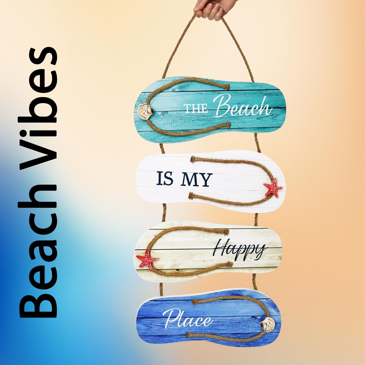 Wooden Flip Flop Beach Decor Sign Nautical Coastal Wood Wall Decor with Rope Hanger Summer Indoor and Outdoor Wall Accent for Bathroom, Bedroom & Living Room