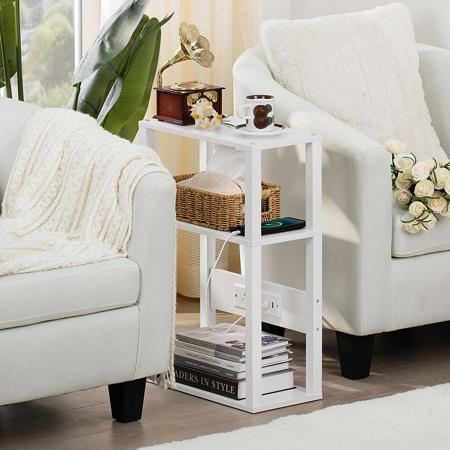 YUFAM 3-Tier Small Narrow Wood Side Table with Charging Station, Skinny Nightstand for Small Space, Slim Bedside Table with Storage for Couch, Thin End Table with USB Ports and Outlets, White