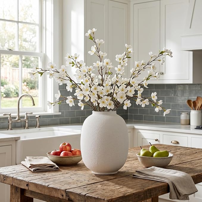 Large White Ceramic Vase, 9.85in Rustic Round Tall Vase for Table Centerpieces, Modern Homes Farmhouse Living Decor (Sandstone White)