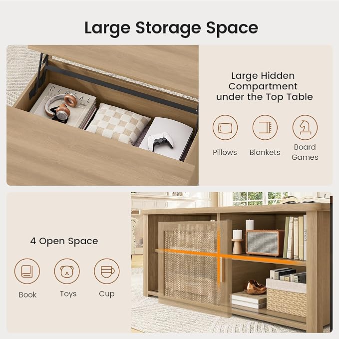 SEDETA 31.5" Lift Top Coffee Table with Storage, Square Coffee Tables for Living Room, Farmhouse Coffee Table with Large Hidden Storage Compartment and Adjustable Shelves, Rattan Oak