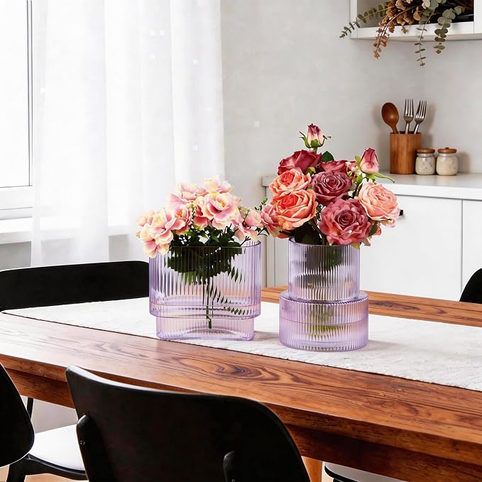 Purple Glass Vases, Set of 2 Ribbed Vases for Flowers, Purple Vase for Tulips, Modern Glass Vase for Living Room, Dining Table, Office, Entryway, Mantle, Bookshelf, Wedding Gifts