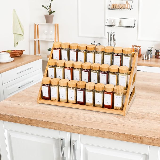 Spice Rack, Spice Organizer -3 Tier Bamboo Spice Racks, Solution for Spice Storage in Kitchens, Countertops，Storage Rooms and Other Places