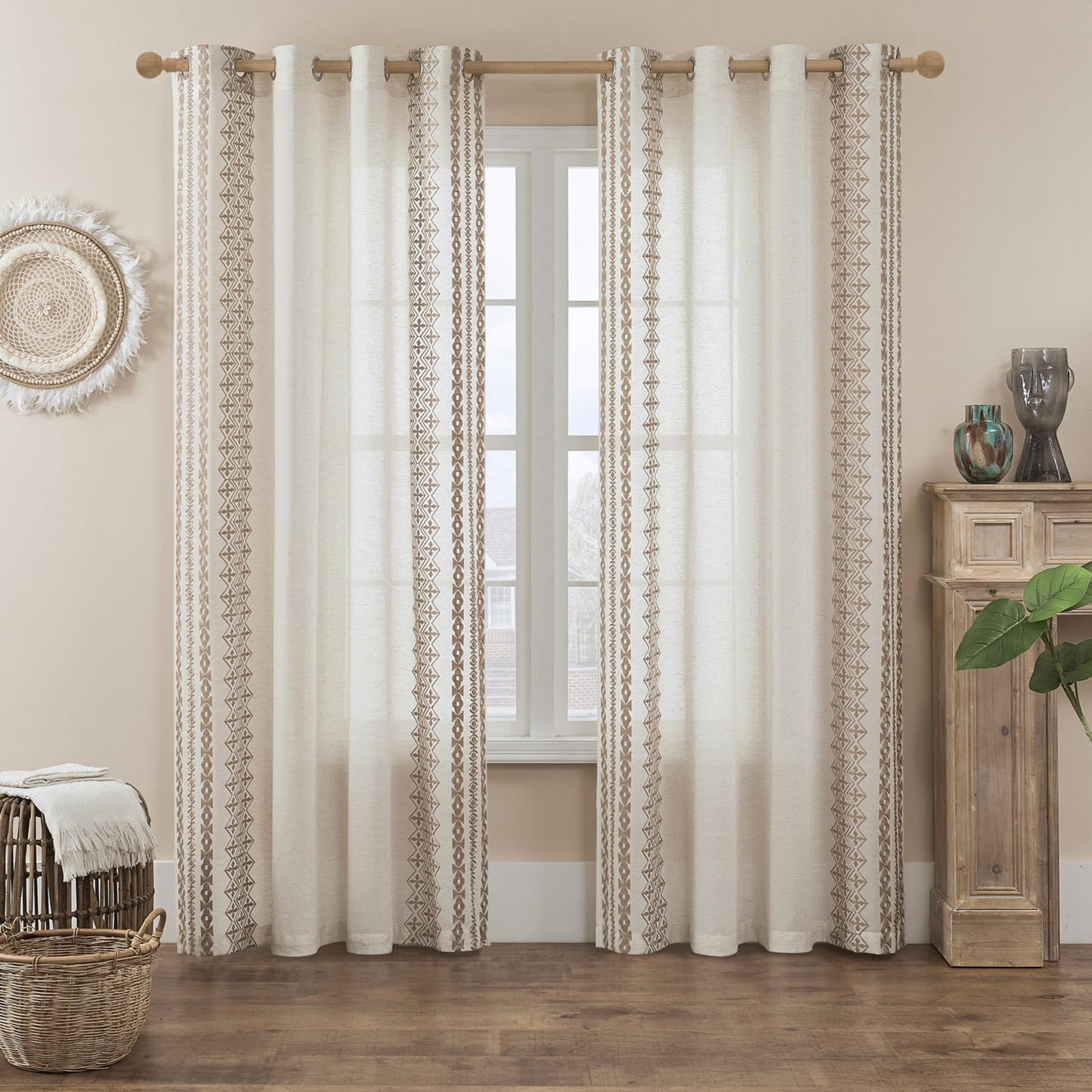 Boho Curtains for Living Room Bedroom Cream Sheer Curtains 84 Inches Long 2 Panels set Grommet Beige Embroidered Curtains Neutral Bohemian Window Curtains for Rustic Farmhouse Decor, 52x84 Taupe