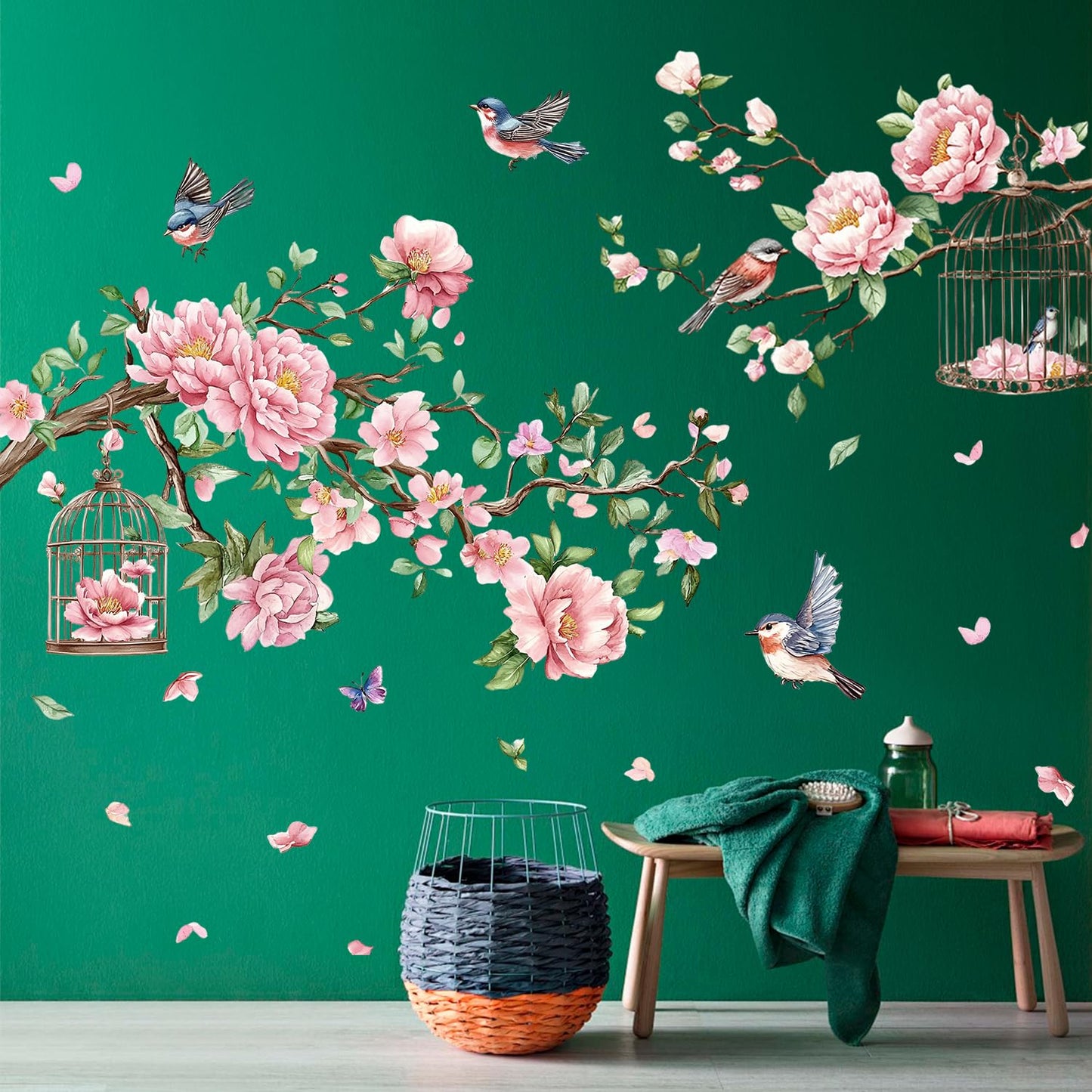 Removable Large Flowers with Tree Branches Wall Stickers – DIY Peony Floral Birds Wall Decals, Peel and Stick Leaves & Birdcage Wall Decor for Kids Girls Bedroom, Nursery, Living Room, Classroom