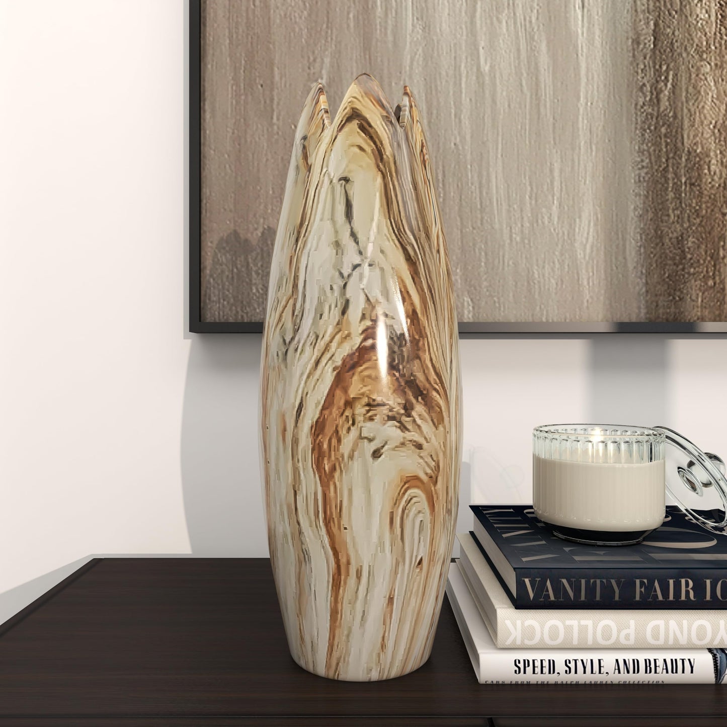 Deco 79 Ceramic Decorative Vase Marbled Centerpiece Vase with Angled Edge Opening and Rust Accents, Flower Vase for Home Decoration 7" x 7" x 21", Beige