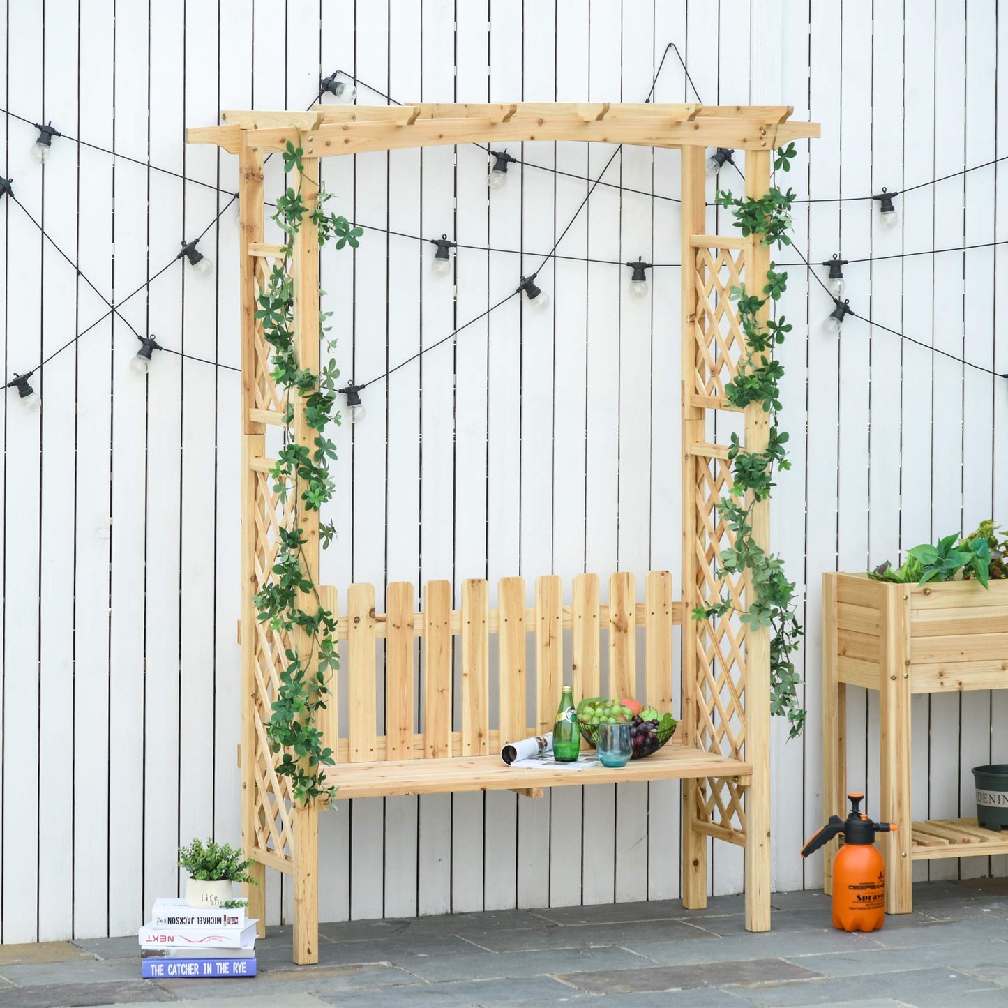 Wooden Garden Arbor for Climbing Plants with Garden Bench, Garden Arch to Grow Grapes & Vines, Patio Decor & 2-Person Outdoor Wood Decorative Seating, Natural