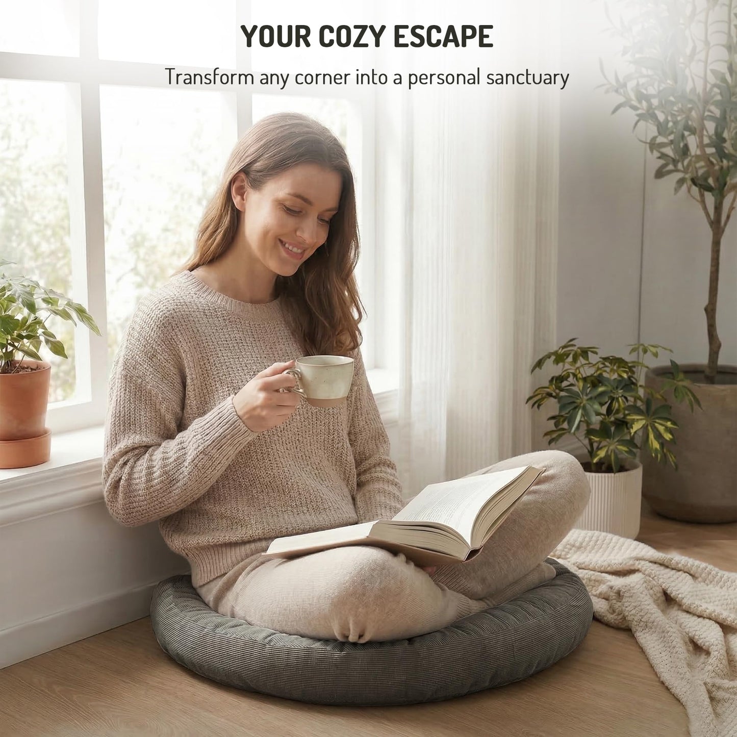 Degrees of Comfort Meditation Floor Pillow, Round Large Pillows Seating for Adults, Tufted Corduroy Cushion for Tatami Living Room, Grey, 22 Inch