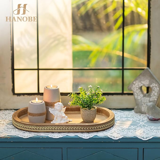 Hanobe Decorative Trays for Coffee Table : Vintage Oval Centerpiece Tray Wood for Farmhouse Dining Table Decor Round Bathroom Tray for Living Room Kitchen Counter