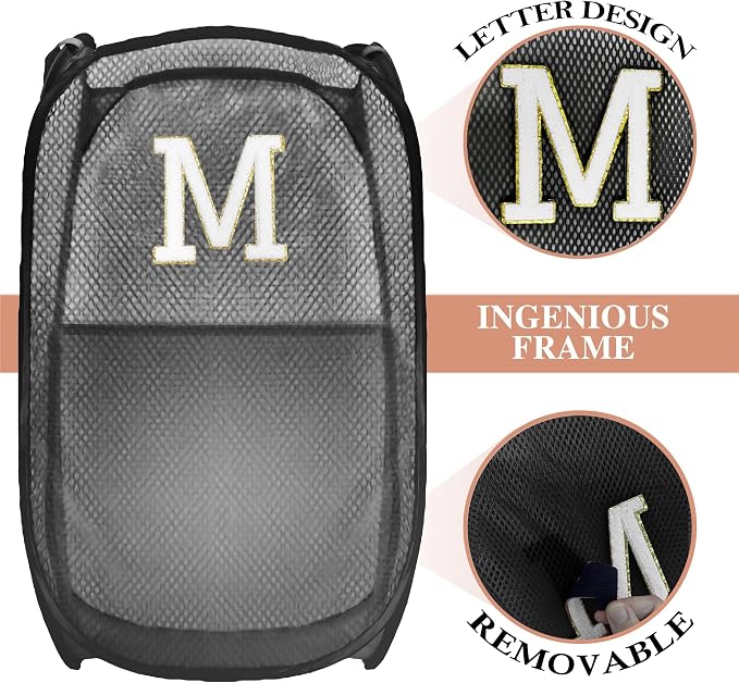 Collapsible Pop Up Laundry Hamper, Extra Large with Removable Initial Letter M, Mesh Foldable Laundry Basket, 28" x 16" x 16" (Black)