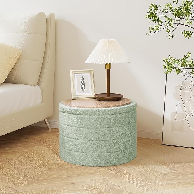 PINPLUS Round Ottoman with Storage, Foldable Sherpa Ottoman Stool with Tray,Boucle Foot Rest for Living Room, Bedroom, Dorm(Green)