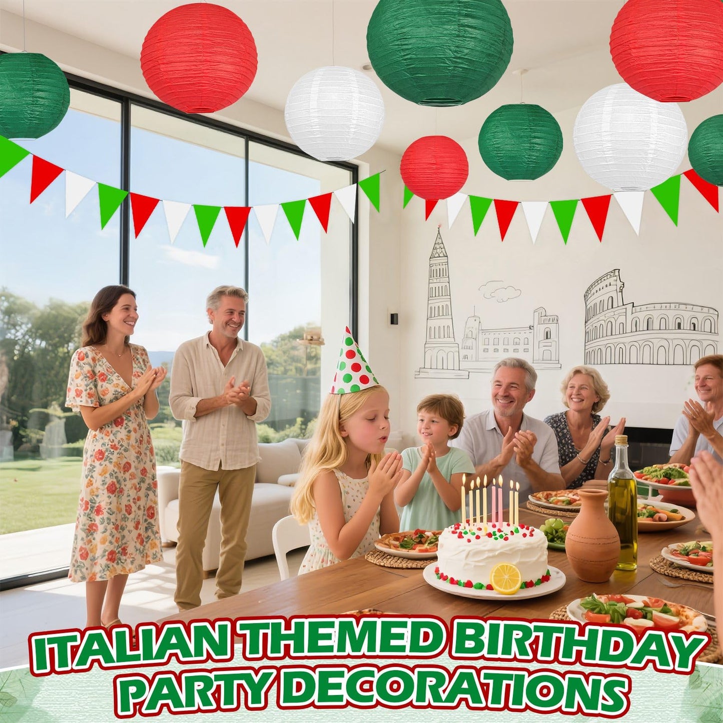 13 Pcs Red White Green Italian Party Decorations Set, Hanging Paper Lanterns & Fans, Mexican Fiesta Decor, Christmas Holiday Supplies, Reusable Eco-Friendly Party Backdrop Kit