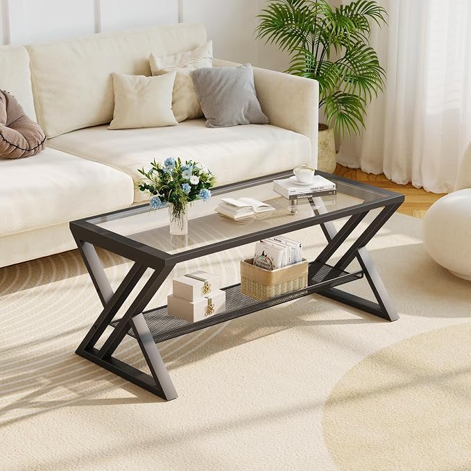 Wolawu Glass Coffee Table Living Room Table with Storage Shelf, Black Glass Table Simple Modern Rectangular Tables with Sturdy Black Metal Frame,Industrial Glass Coffee Table for Bedroom Home Office