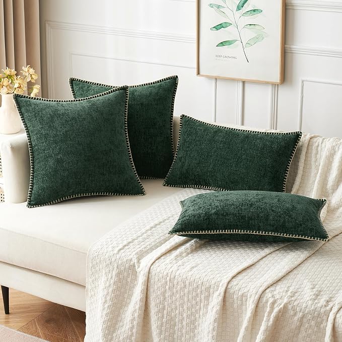 MIULEE Pack of 2 Pillow Covers 18x18 Inch Dark Green Farmhouse Decorative Throw Pillow Covers with Stitched Edge Soft Chenille Solid Dyed Couch Pillow Covers for Sofa Bed Living Room