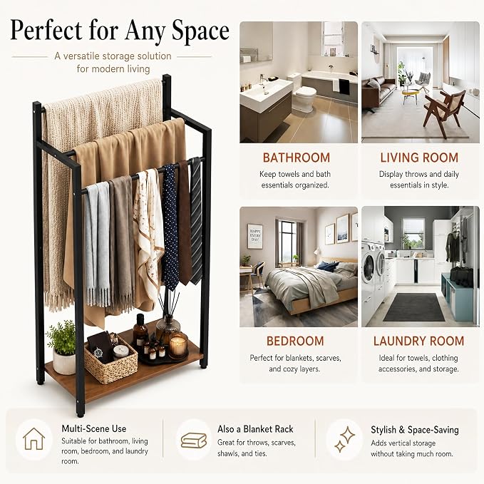 Freestanding Towel Rack, 3 Tier Blanket Ladder Stand with Rustic Brown Wooden Shelf for Bathroom Living Room (31.5" H x 16.9" W x7.9 D)
