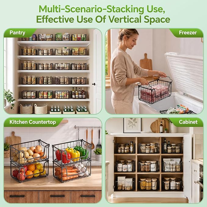 MSERCUOR 4 Pack Foldable Wire Basket for Pantry Organizers and Storage, Stackable Vegetable Fruit Basket for Kitchen Counter, Black Potato and Onion Storage Bin