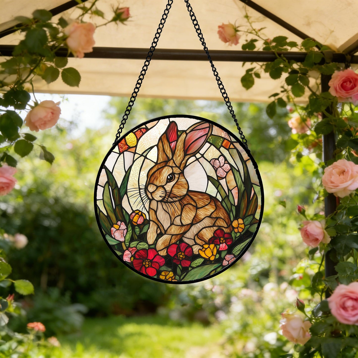AMDERVEN Stained Glass Window Hanging, Cute Bunny Flowers Sun Catcher for Window Door Home Decor, Rabbit Suncatcher Christmas Mother's Day Birthday Gifts for Women Men Mom and Nana 6.3 in