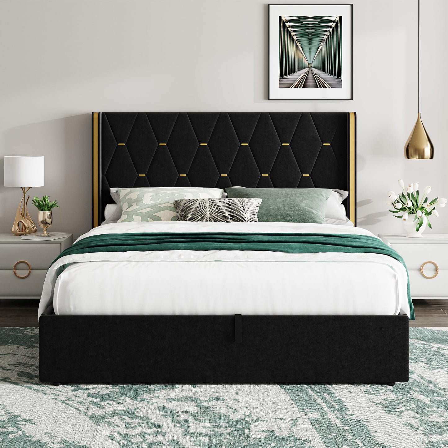 Garvee Queen Size Lift Up Storage Bed Frame with with Gold Wingback Headboard, Velvet Upholstered Bed Frame with Diamond Tufted Design & Gold Trim, Hydraulic Support, No Box Spring Needed, Black