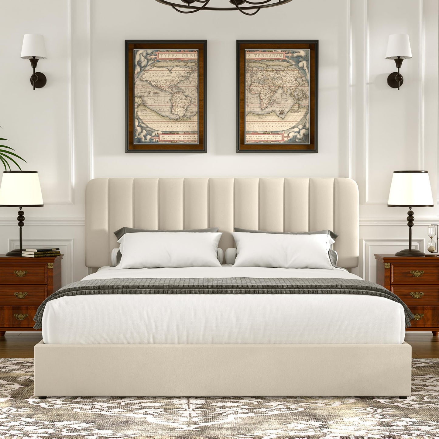 VECELO King Size Upholstered Bed Frame with 4 Drawers and Headboard, Velvet Platform Storage Bedframe, Wooden Slats Support, No Box Spring Needed,Bone Beige