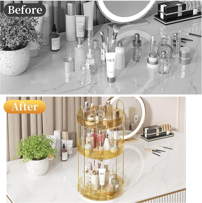 Rotating Makeup Organizer Countertop,Skincare Organizers,Spinning Perfume Tray Stand,Makeup Storage Organizer for Vanity,Bathroom Organizer and Storage,Lazy Susan,3 Tier,Gold