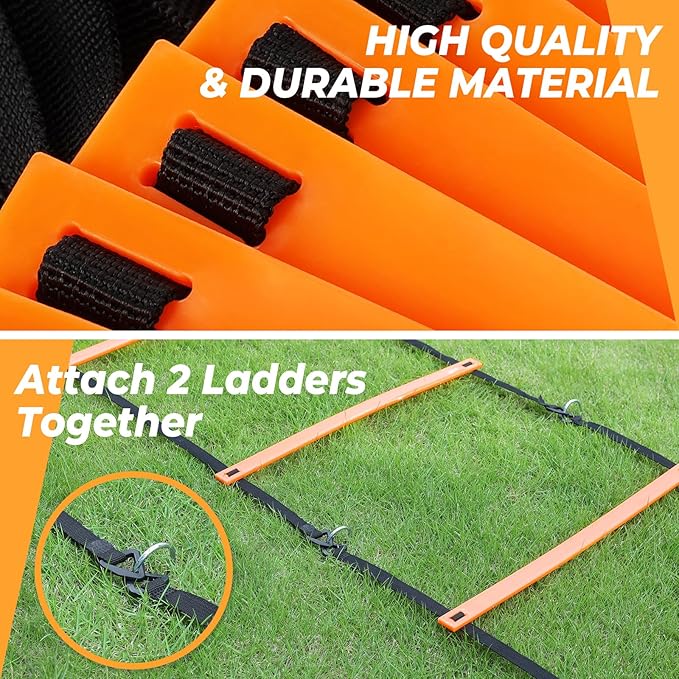 GHB Pro Agility Ladder Soccer Kick Trainer Set 20ft 12 Rung 10 Cones and 4 Stakes Speed Agility Football Training Equipment with Carrying Bag
